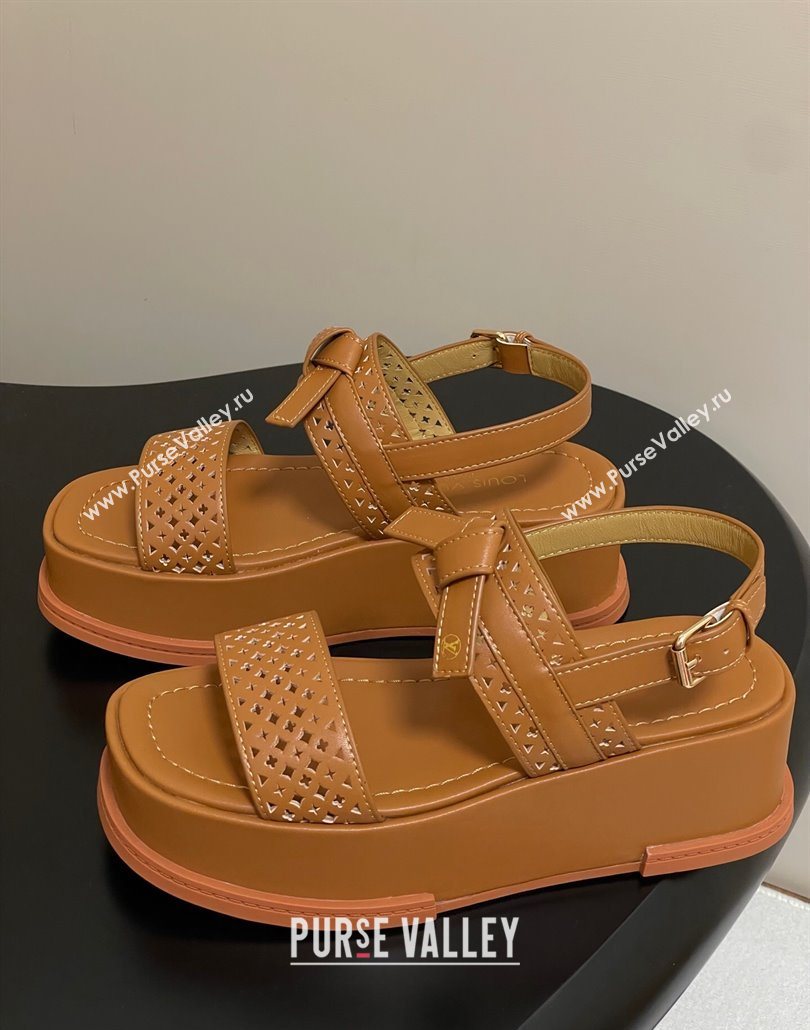 Louis Vuitton Maya Platform Comfort Sandals 5cm in Perforated Calf Leather with Bow Brown 2025 (MD-250607072)