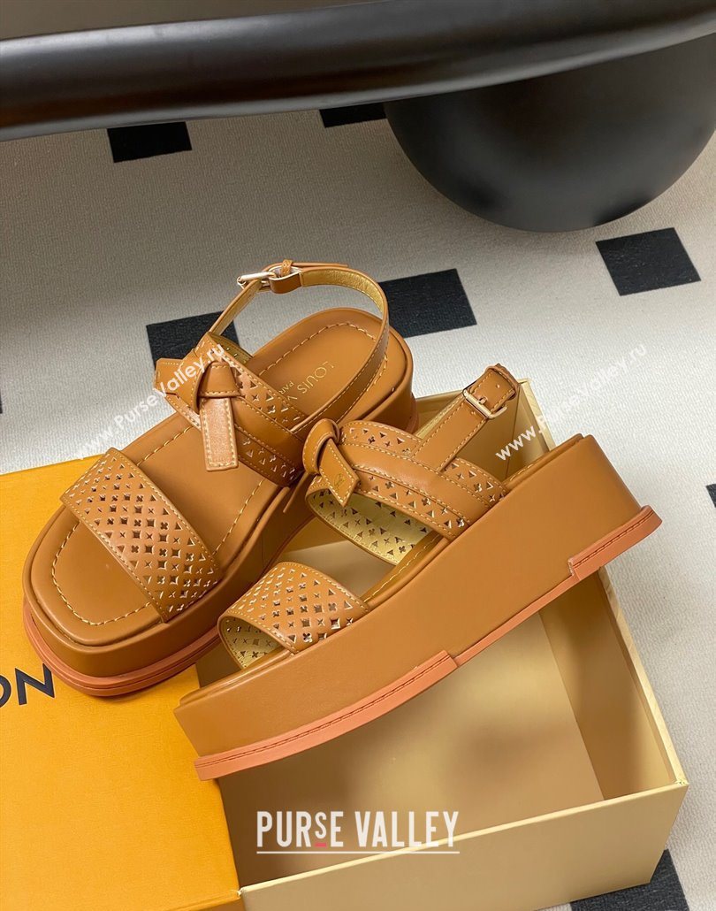 Louis Vuitton Maya Platform Comfort Sandals 5cm in Perforated Calf Leather with Bow Brown 2025 (MD-250607072)
