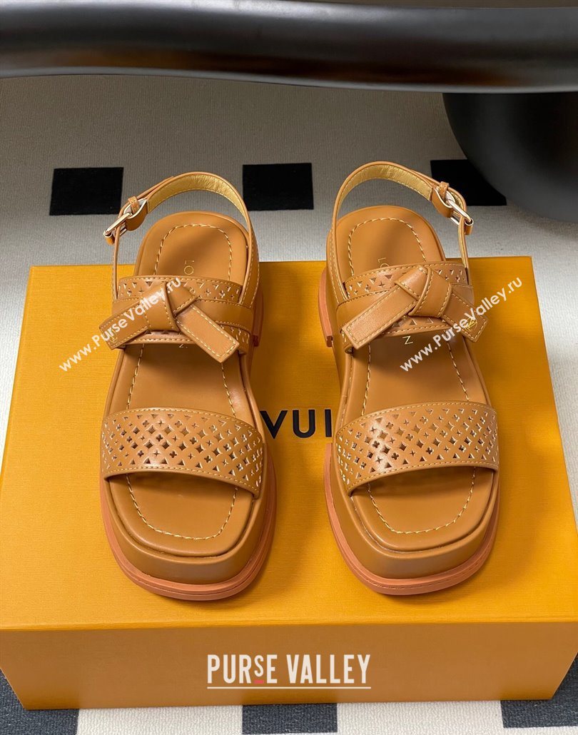 Louis Vuitton Maya Platform Comfort Sandals 5cm in Perforated Calf Leather with Bow Brown 2025 (MD-250607072)
