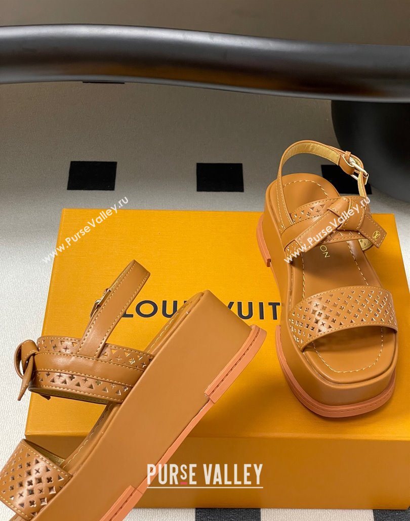 Louis Vuitton Maya Platform Comfort Sandals 5cm in Perforated Calf Leather with Bow Brown 2025 (MD-250607072)