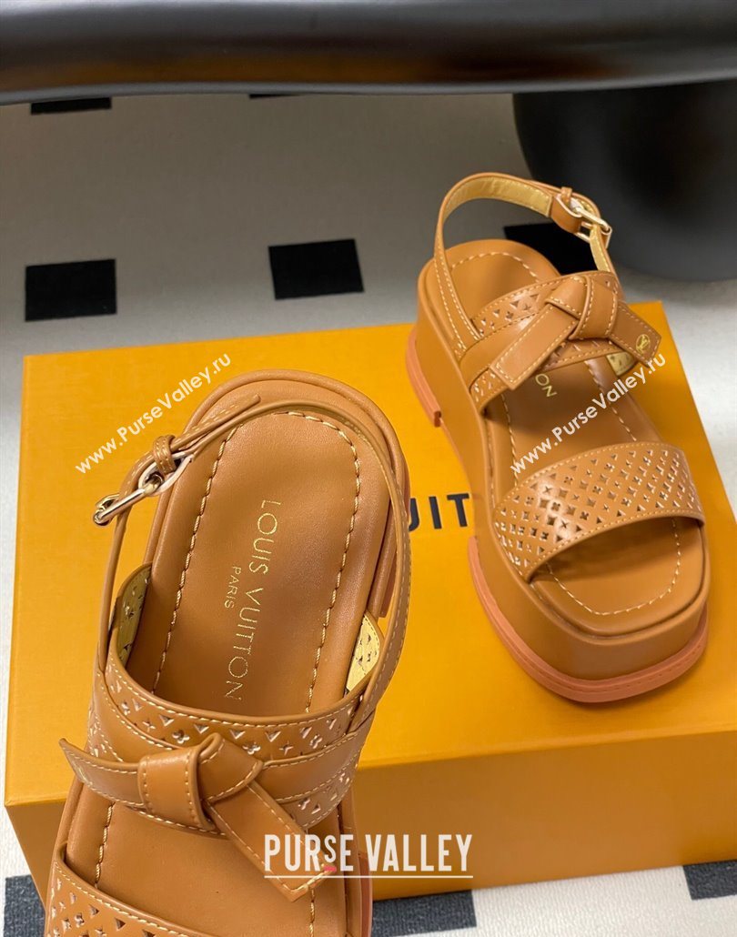 Louis Vuitton Maya Platform Comfort Sandals 5cm in Perforated Calf Leather with Bow Brown 2025 (MD-250607072)