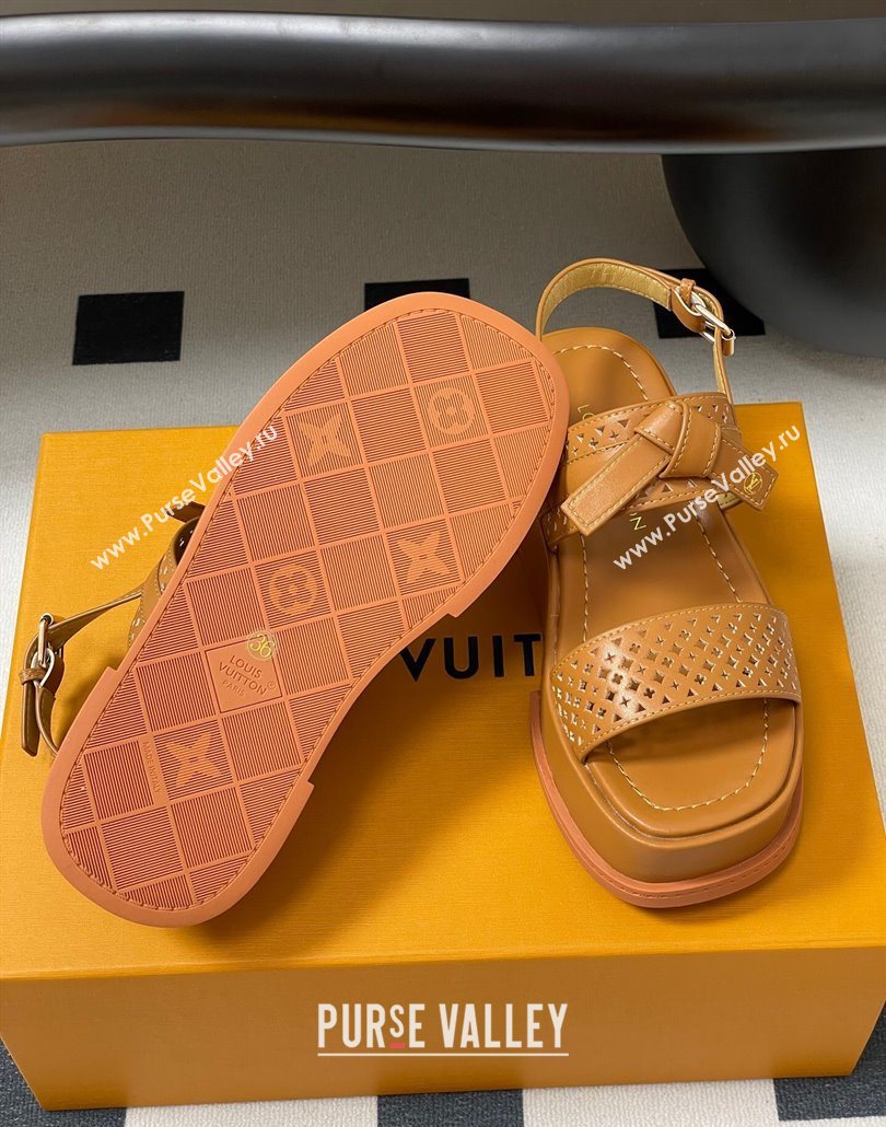 Louis Vuitton Maya Platform Comfort Sandals 5cm in Perforated Calf Leather with Bow Brown 2025 (MD-250607072)