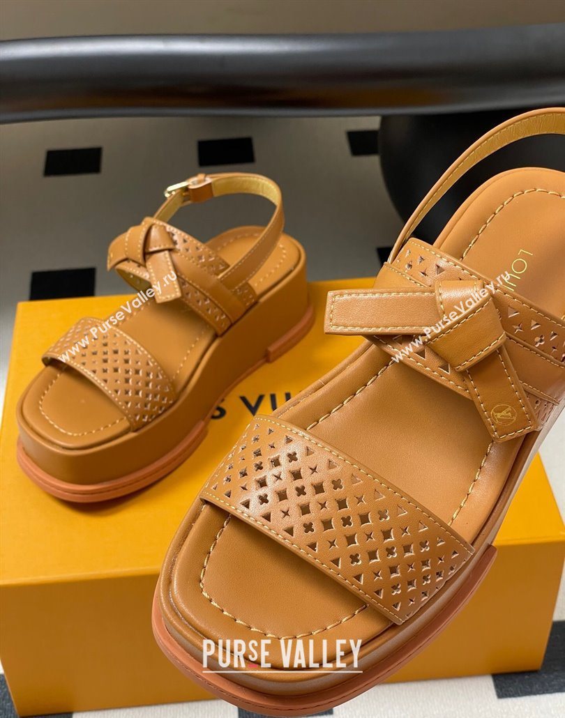 Louis Vuitton Maya Platform Comfort Sandals 5cm in Perforated Calf Leather with Bow Brown 2025 (MD-250607072)