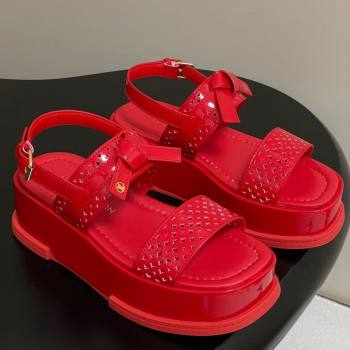Louis Vuitton Maya Platform Comfort Sandals 5cm in Perforated Patent Leather with Bow Red 2025 (MD-250607073)