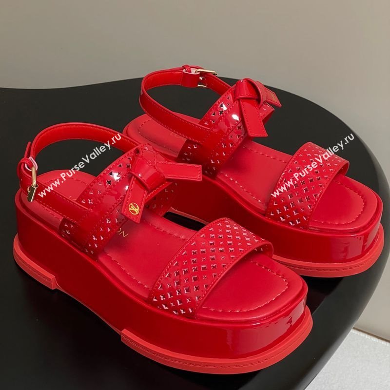 Louis Vuitton Maya Platform Comfort Sandals 5cm in Perforated Patent Leather with Bow Red 2025 (MD-250607073)
