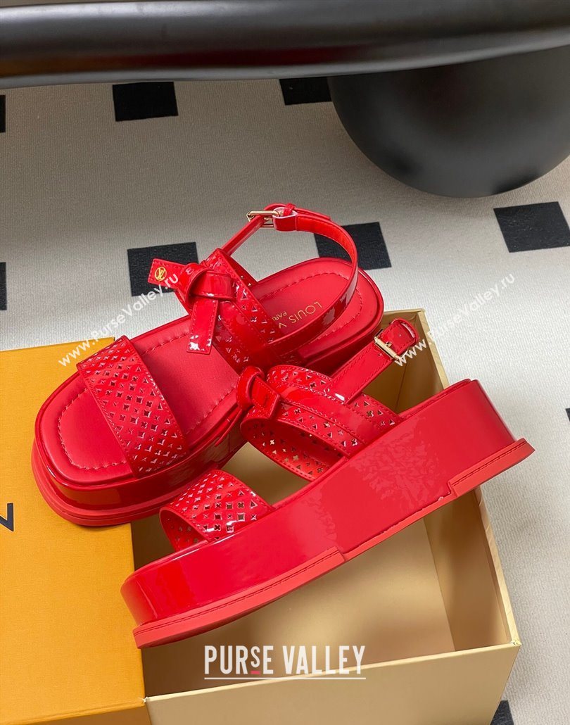 Louis Vuitton Maya Platform Comfort Sandals 5cm in Perforated Patent Leather with Bow Red 2025 (MD-250607073)