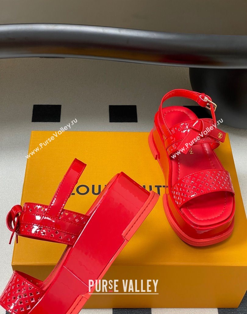 Louis Vuitton Maya Platform Comfort Sandals 5cm in Perforated Patent Leather with Bow Red 2025 (MD-250607073)
