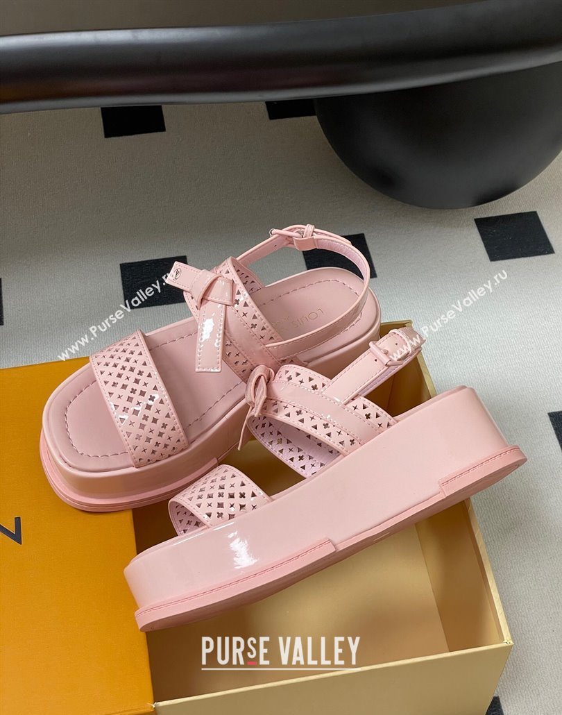 Louis Vuitton Maya Platform Comfort Sandals 5cm in Perforated Patent Leather with Bow Light Pink 2025 (MD-250607074)