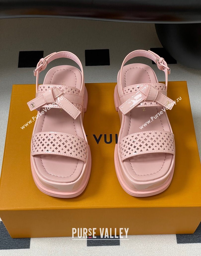 Louis Vuitton Maya Platform Comfort Sandals 5cm in Perforated Patent Leather with Bow Light Pink 2025 (MD-250607074)