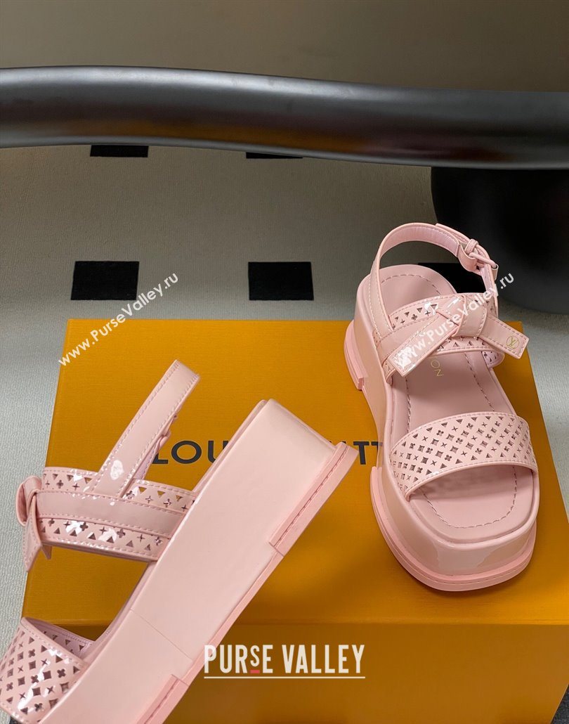 Louis Vuitton Maya Platform Comfort Sandals 5cm in Perforated Patent Leather with Bow Light Pink 2025 (MD-250607074)