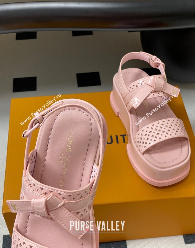 Louis Vuitton Maya Platform Comfort Sandals 5cm in Perforated Patent Leather with Bow Light Pink 2025 (MD-250607074)