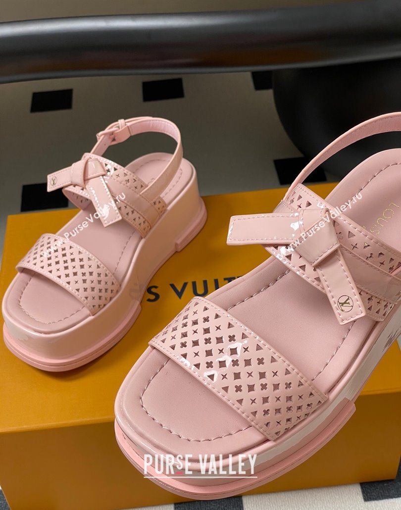 Louis Vuitton Maya Platform Comfort Sandals 5cm in Perforated Patent Leather with Bow Light Pink 2025 (MD-250607074)