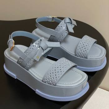 Louis Vuitton Maya Platform Comfort Sandals 5cm in Perforated Patent Leather with Bow Light Blue 2025 (MD-250607075)