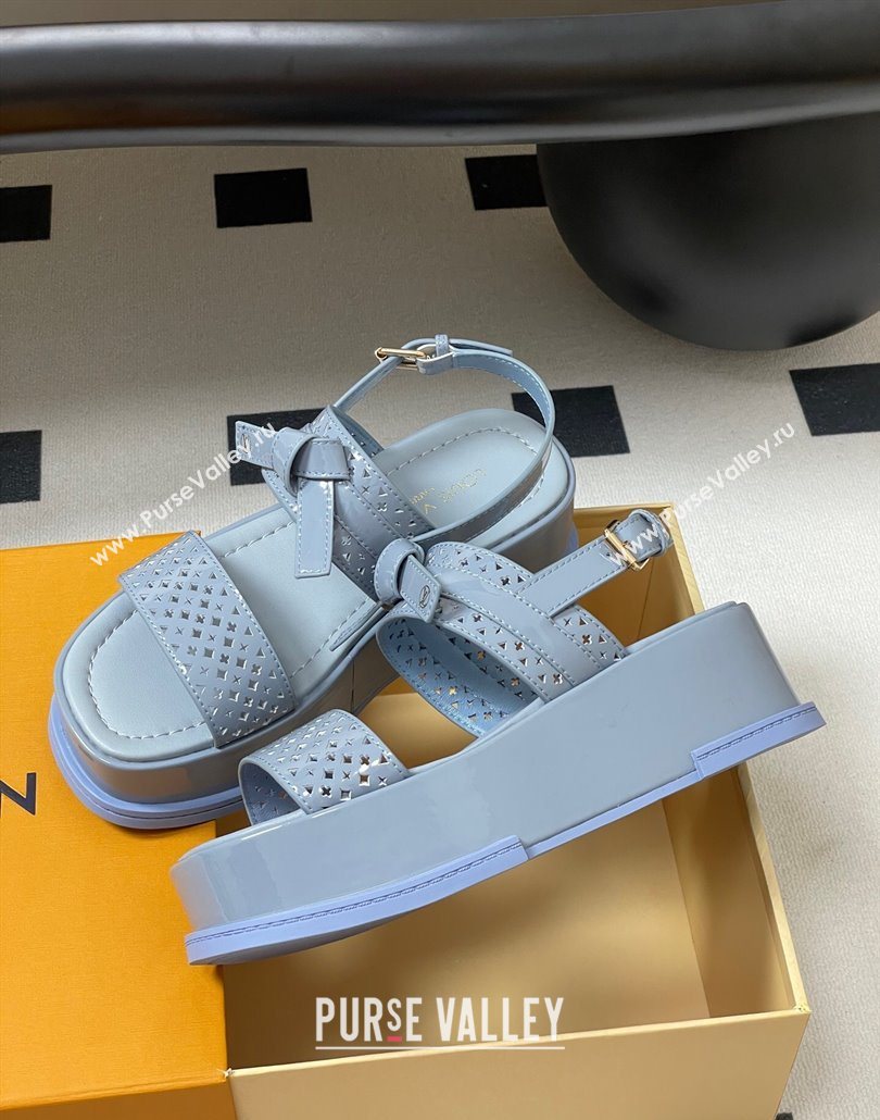 Louis Vuitton Maya Platform Comfort Sandals 5cm in Perforated Patent Leather with Bow Light Blue 2025 (MD-250607075)