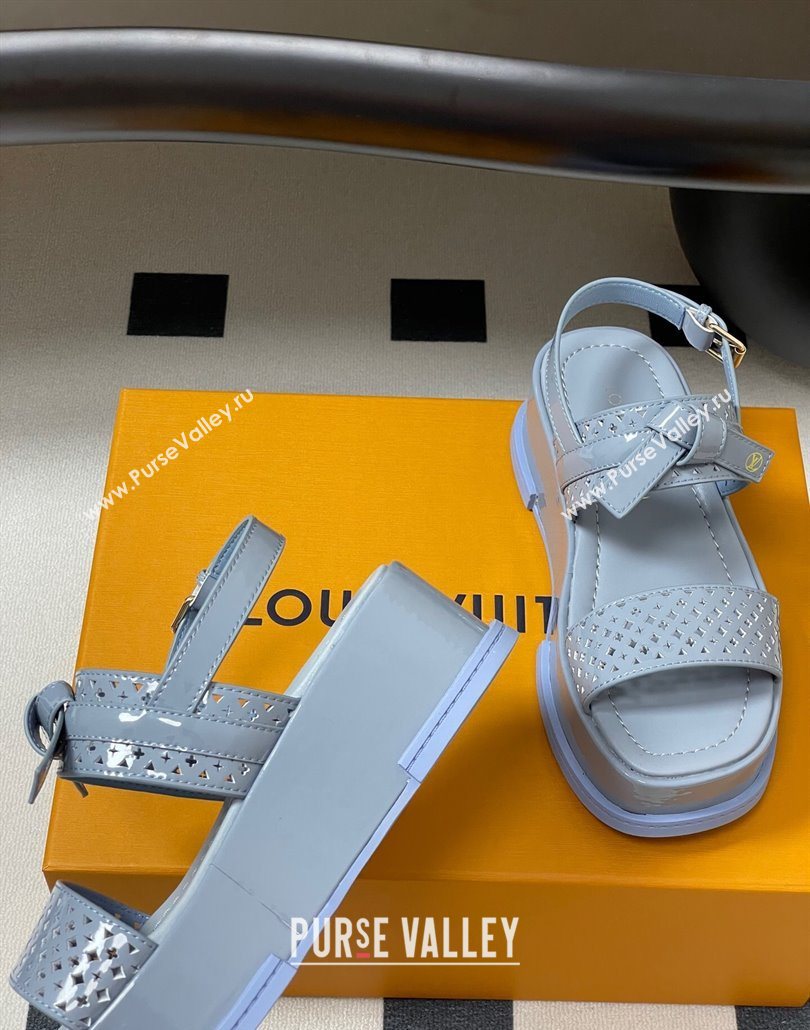 Louis Vuitton Maya Platform Comfort Sandals 5cm in Perforated Patent Leather with Bow Light Blue 2025 (MD-250607075)