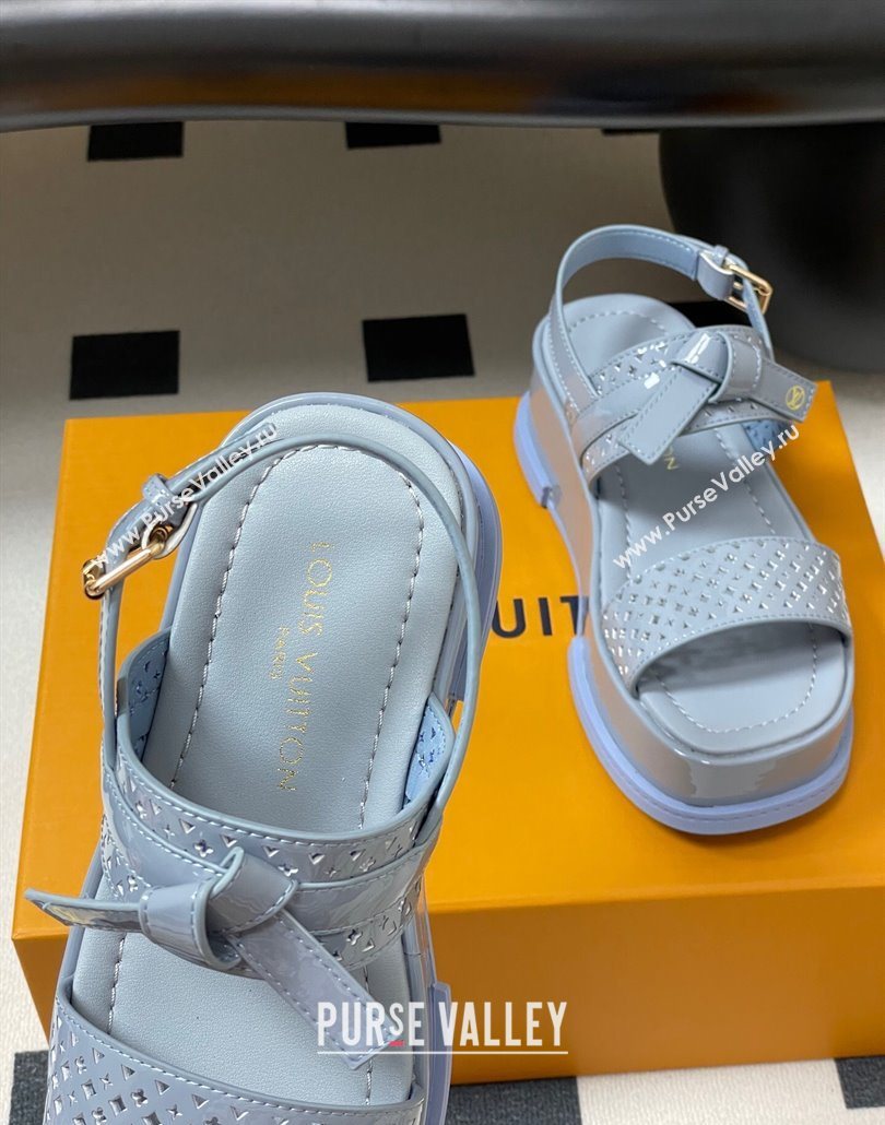 Louis Vuitton Maya Platform Comfort Sandals 5cm in Perforated Patent Leather with Bow Light Blue 2025 (MD-250607075)