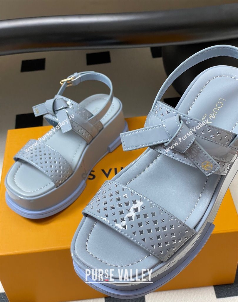 Louis Vuitton Maya Platform Comfort Sandals 5cm in Perforated Patent Leather with Bow Light Blue 2025 (MD-250607075)
