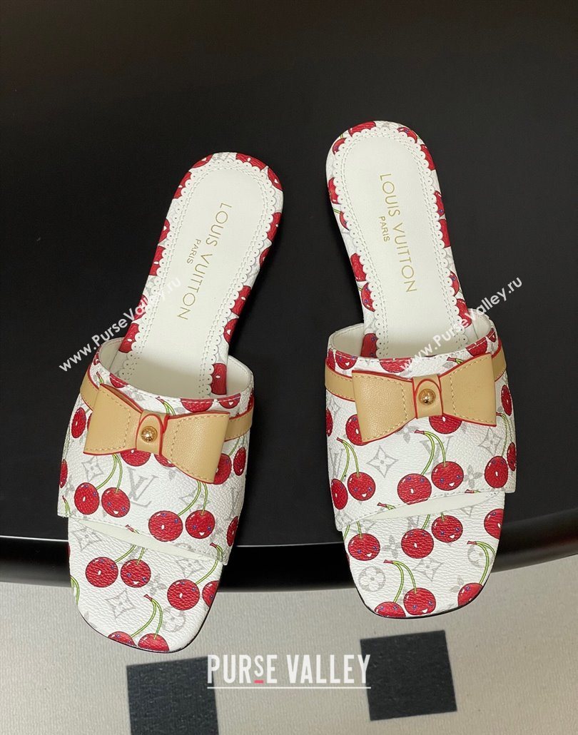 Louis Vuitton LV x TM Neo 6AM Flat Slides Sandal in Leather with Luscious Cherry and Bow White 2025 (MD-250607011)