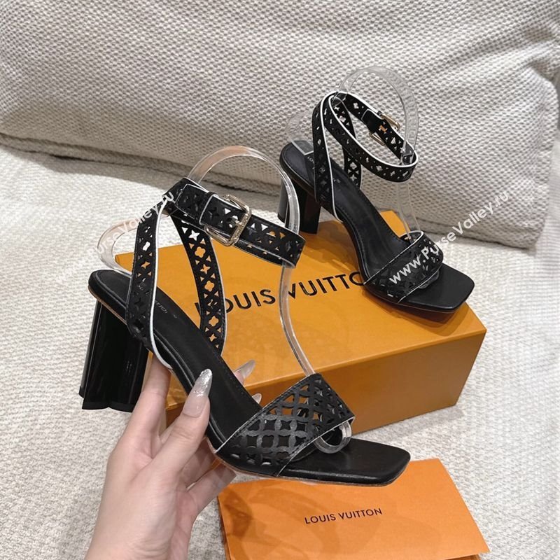 Louis Vuitton Silhouette Heel Sandals 8cm in Perforated Calf Leather Black 2025 1AGWLJ (MD-250609034)
