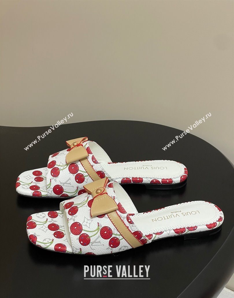 Louis Vuitton LV x TM Neo 6AM Flat Slides Sandal in Leather with Luscious Cherry and Bow White 2025 (MD-250607011)