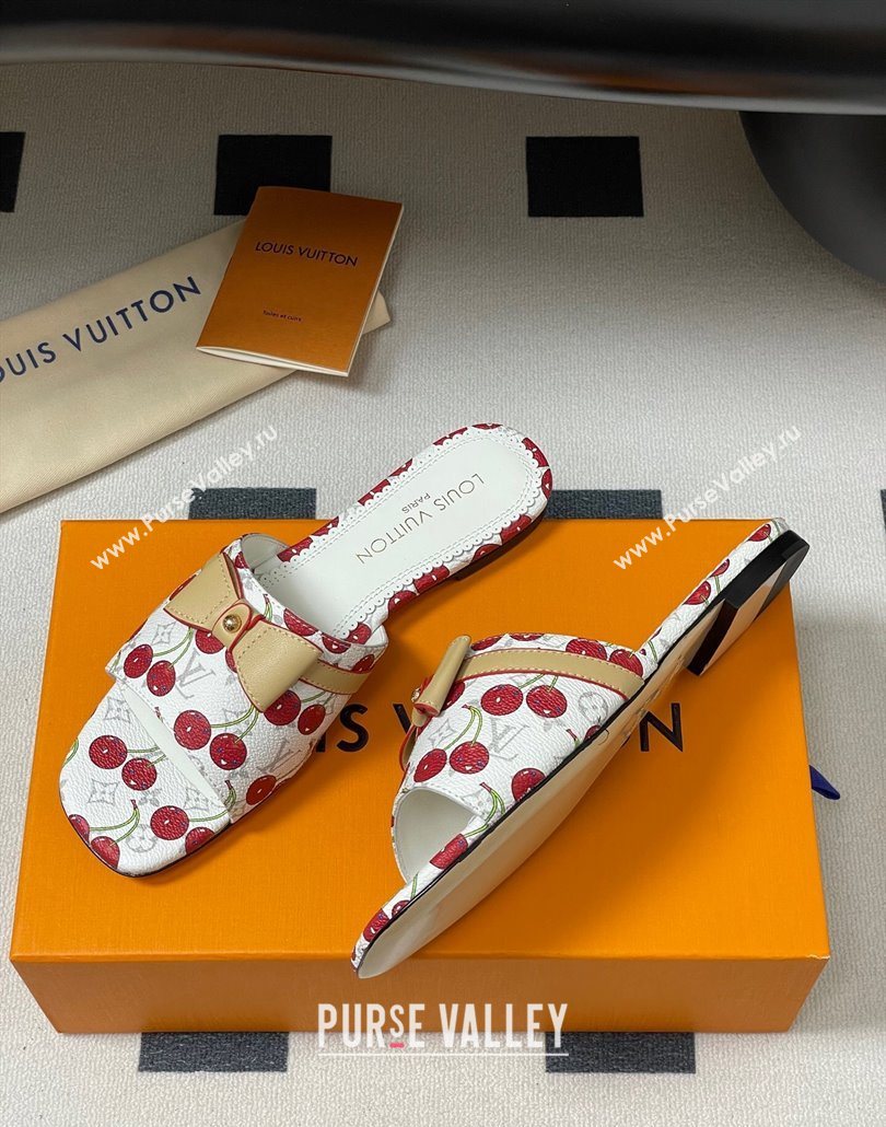 Louis Vuitton LV x TM Neo 6AM Flat Slides Sandal in Leather with Luscious Cherry and Bow White 2025 (MD-250607011)