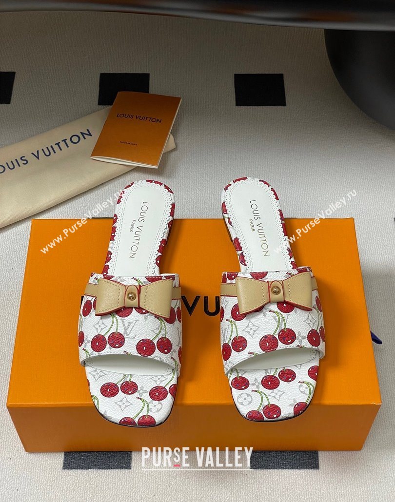 Louis Vuitton LV x TM Neo 6AM Flat Slides Sandal in Leather with Luscious Cherry and Bow White 2025 (MD-250607011)