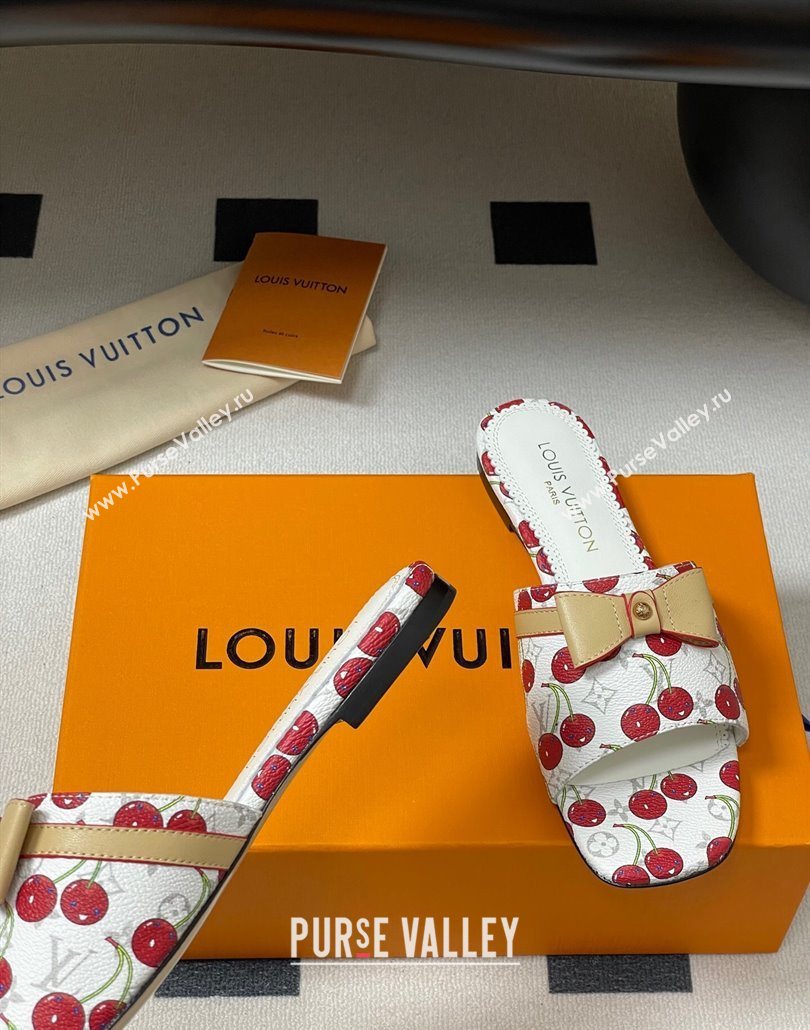 Louis Vuitton LV x TM Neo 6AM Flat Slides Sandal in Leather with Luscious Cherry and Bow White 2025 (MD-250607011)