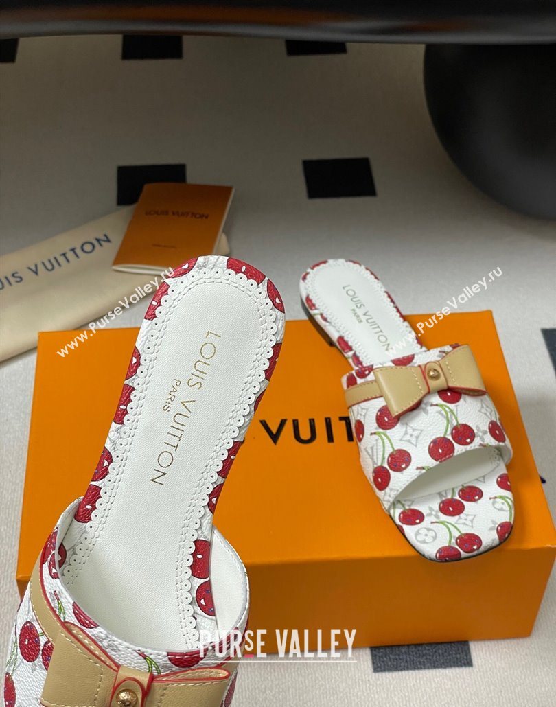 Louis Vuitton LV x TM Neo 6AM Flat Slides Sandal in Leather with Luscious Cherry and Bow White 2025 (MD-250607011)
