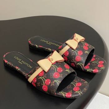 Louis Vuitton LV x TM Neo 6AM Flat Slides Sandal in Leather with Luscious Cherry and Bow Black 2025 (MD-250607010)