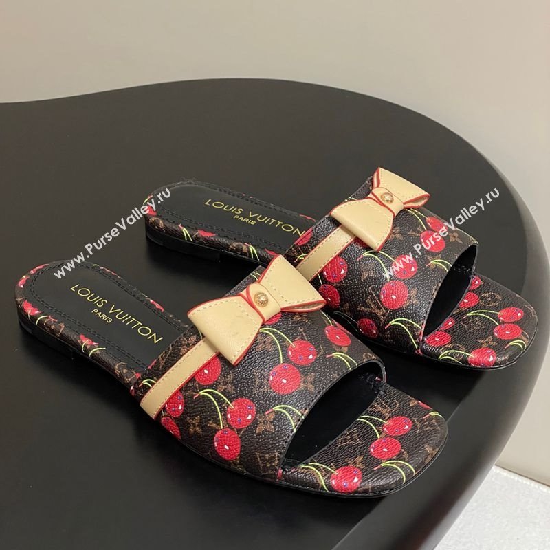 Louis Vuitton LV x TM Neo 6AM Flat Slides Sandal in Leather with Luscious Cherry and Bow Black 2025 (MD-250607010)