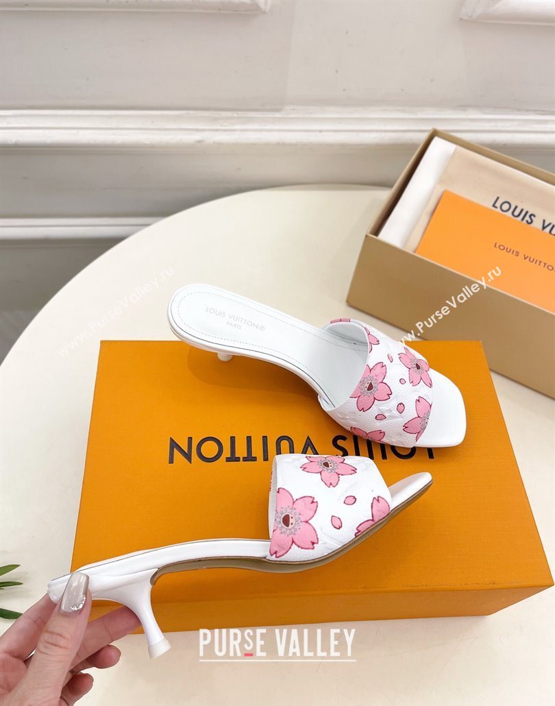 Louis Vuitton Neo Revival Heel Slides Sandal 5cm in Monogram Leather with Cherry Bloom Print White 2025 (MD-250607002)
