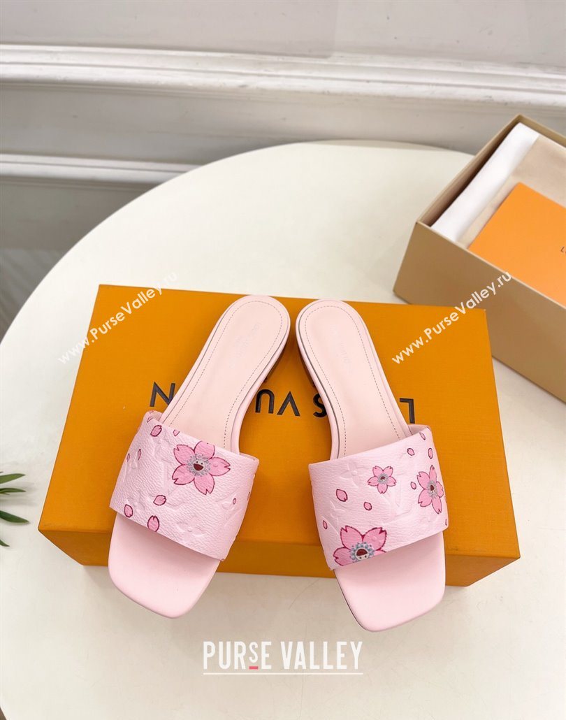 Louis Vuitton Neo Revival Flat Slides Sandal in Monogram Leather with Cherry Bloom Print Pink 2025 (MD-250607004)