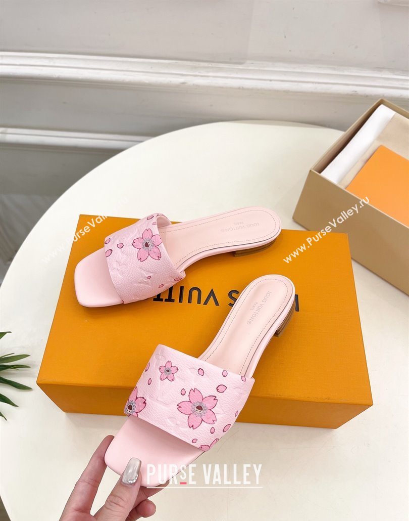 Louis Vuitton Neo Revival Flat Slides Sandal in Monogram Leather with Cherry Bloom Print Pink 2025 (MD-250607004)