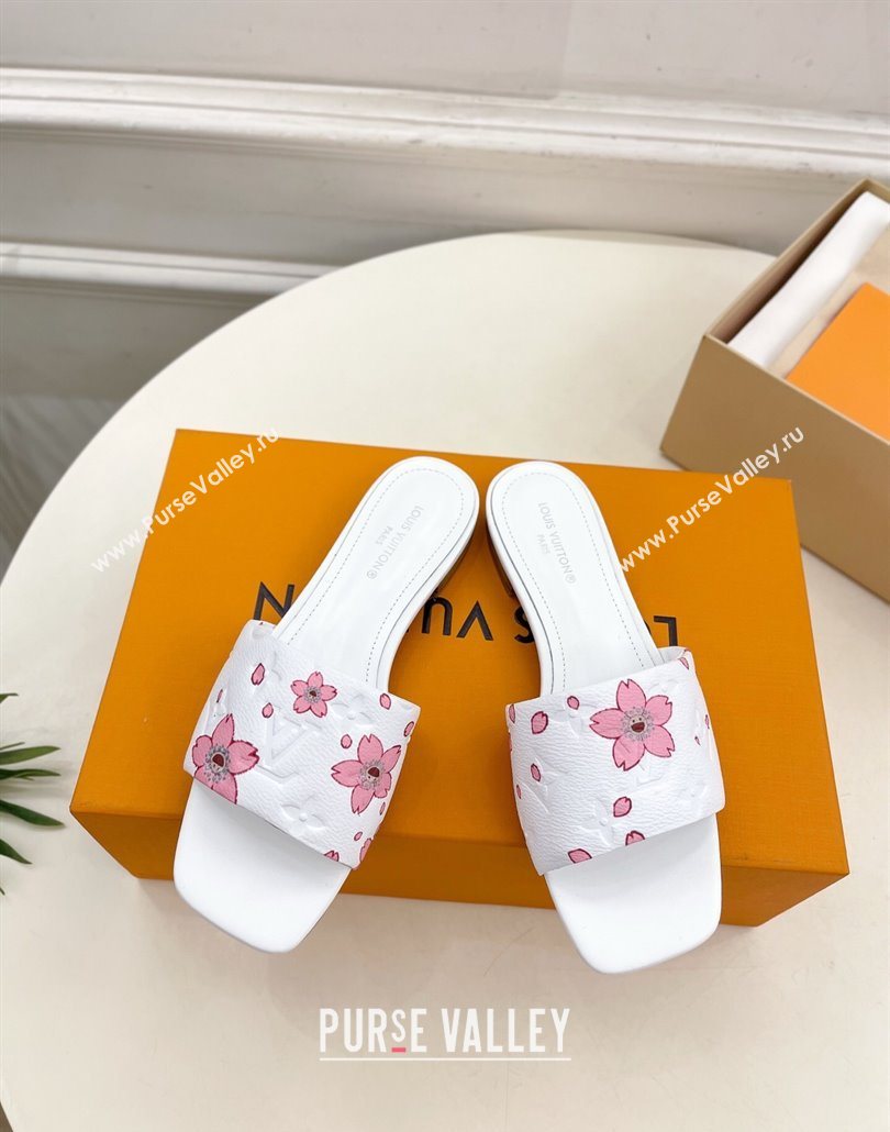 Louis Vuitton Neo Revival Flat Slides Sandal in Monogram Leather with Cherry Bloom Print White 2025 (MD-250607005)