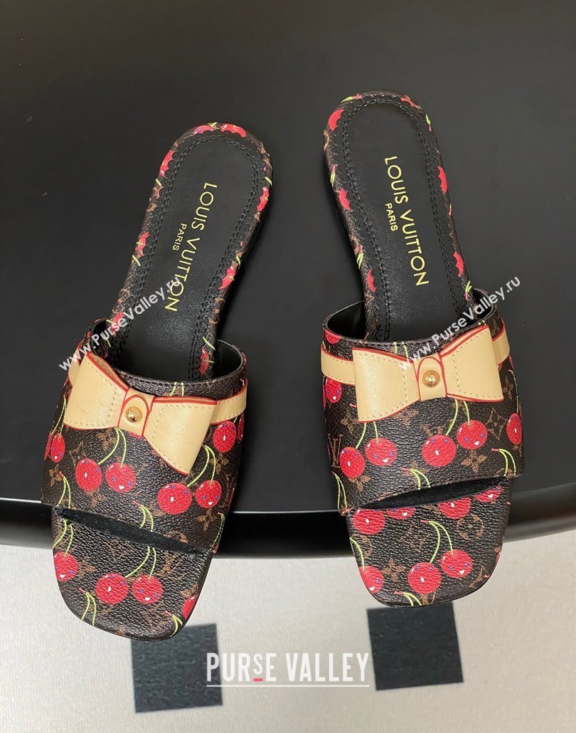 Louis Vuitton LV x TM Neo 6AM Flat Slides Sandal in Leather with Luscious Cherry and Bow Black 2025 (MD-250607010)