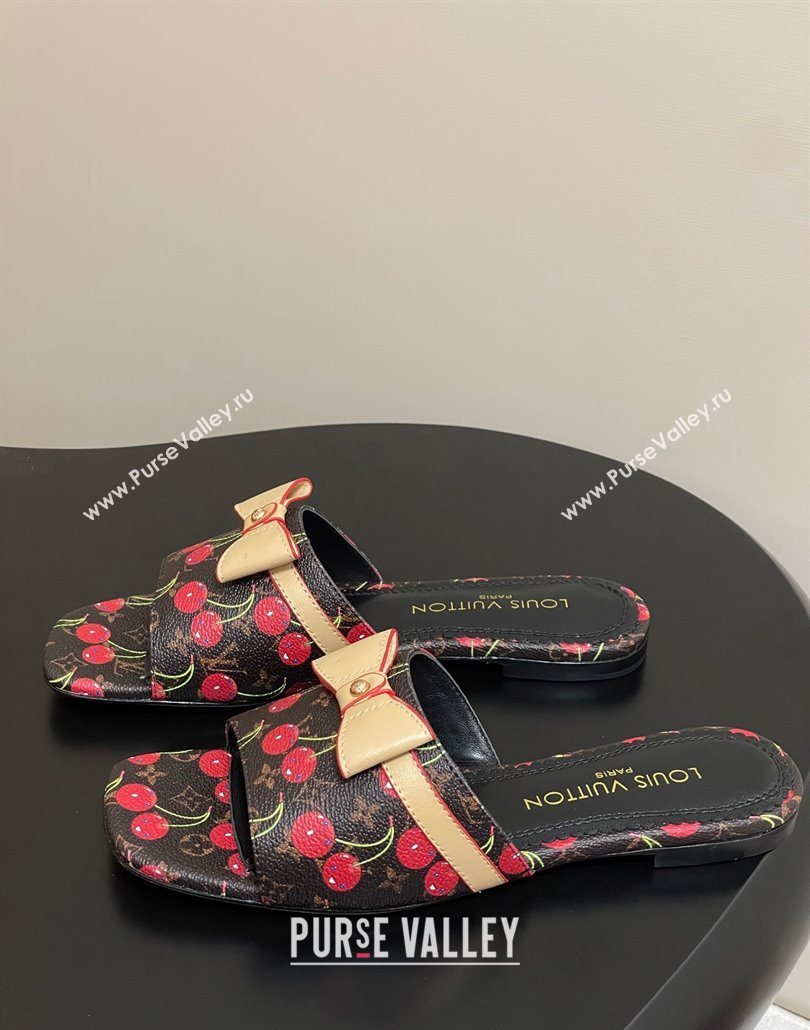 Louis Vuitton LV x TM Neo 6AM Flat Slides Sandal in Leather with Luscious Cherry and Bow Black 2025 (MD-250607010)