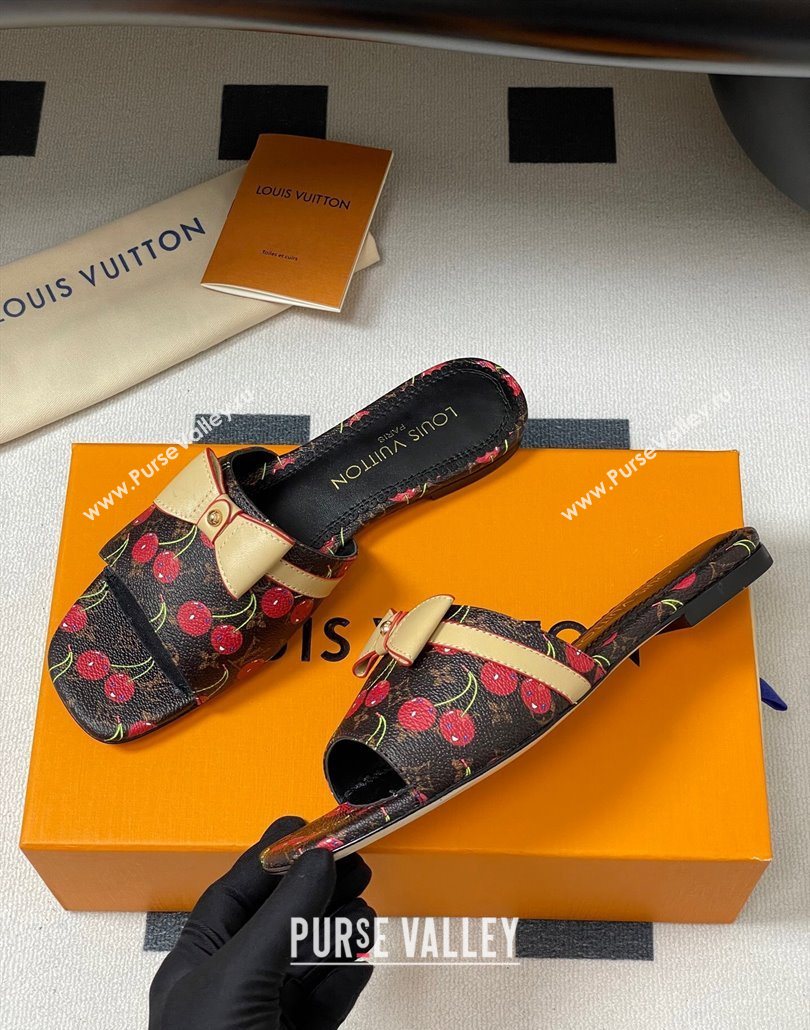 Louis Vuitton LV x TM Neo 6AM Flat Slides Sandal in Leather with Luscious Cherry and Bow Black 2025 (MD-250607010)