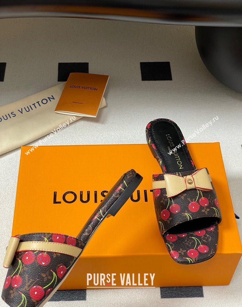 Louis Vuitton LV x TM Neo 6AM Flat Slides Sandal in Leather with Luscious Cherry and Bow Black 2025 (MD-250607010)