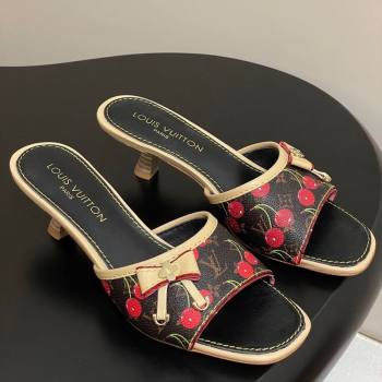 Louis Vuitton LV x TM Heel Slides Sandal 3cm in Leather with Luscious Cherry with Bow Black 2025 (MD-250607018)