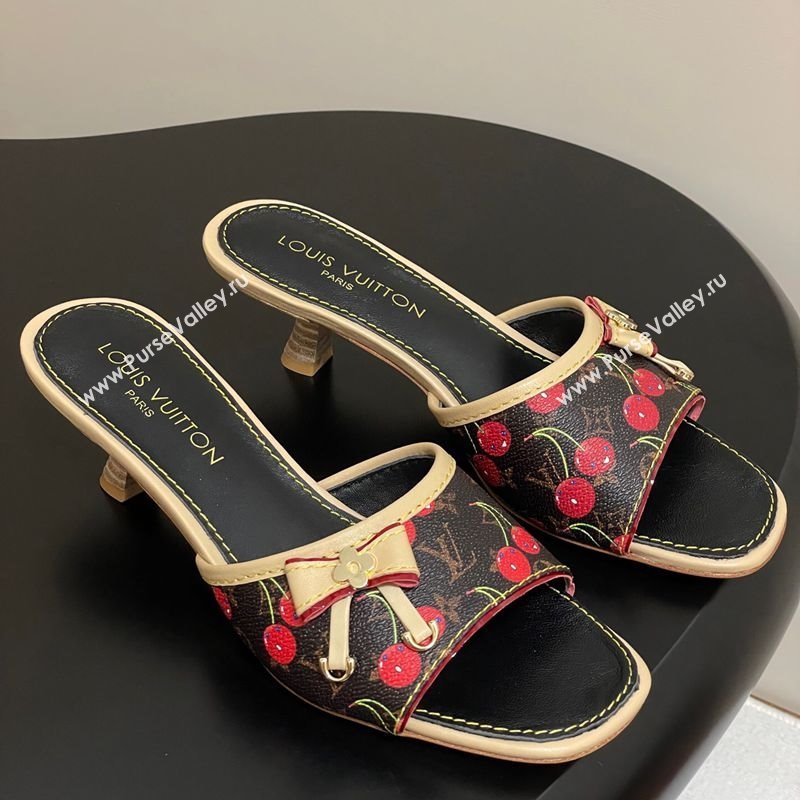 Louis Vuitton LV x TM Heel Slides Sandal 3cm in Leather with Luscious Cherry with Bow Black 2025 (MD-250607018)