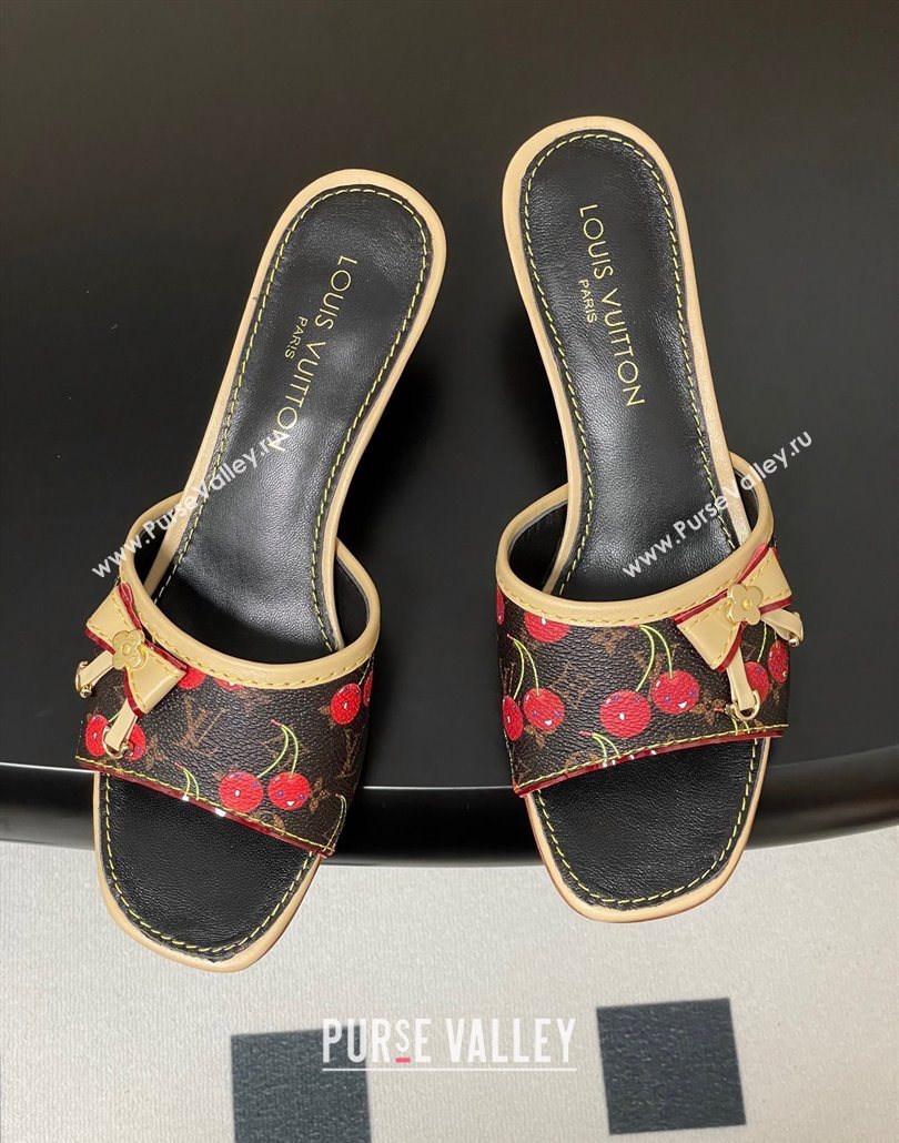 Louis Vuitton LV x TM Heel Slides Sandal 3cm in Leather with Luscious Cherry with Bow Black 2025 (MD-250607018)