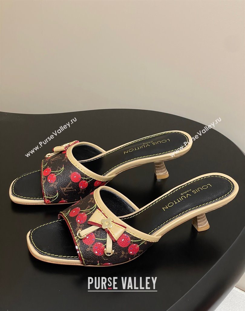 Louis Vuitton LV x TM Heel Slides Sandal 3cm in Leather with Luscious Cherry with Bow Black 2025 (MD-250607018)