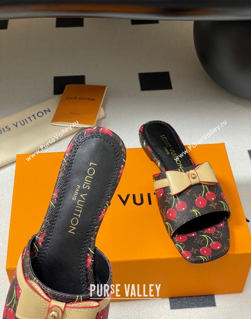 Louis Vuitton LV x TM Neo 6AM Flat Slides Sandal in Leather with Luscious Cherry and Bow Black 2025 (MD-250607010)