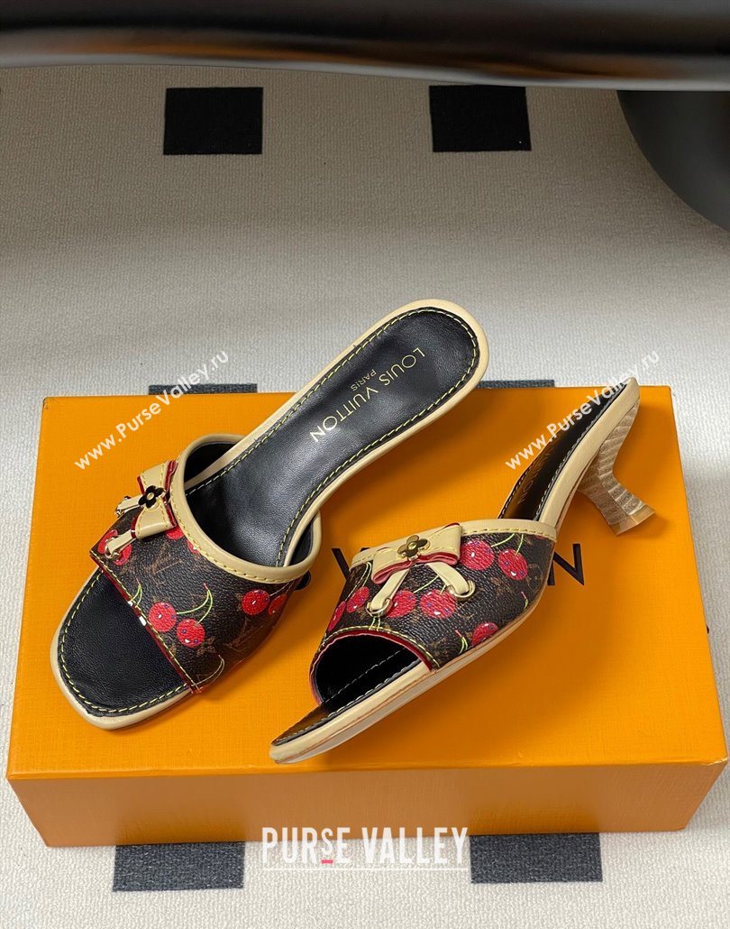 Louis Vuitton LV x TM Heel Slides Sandal 3cm in Leather with Luscious Cherry with Bow Black 2025 (MD-250607018)
