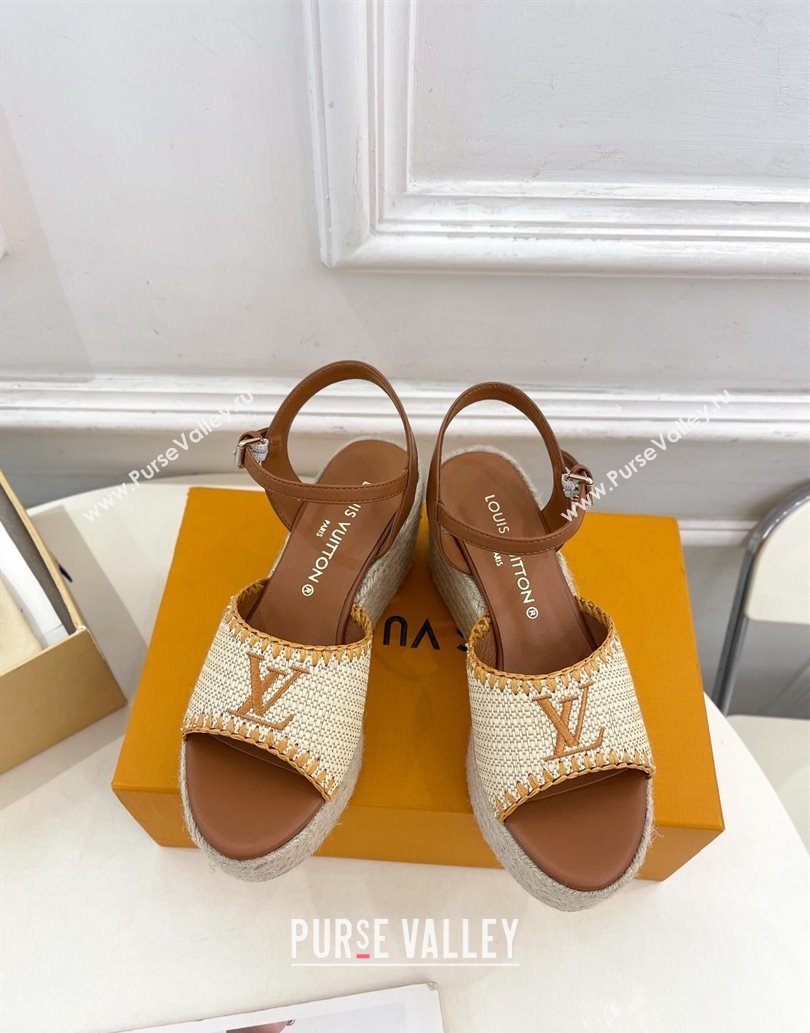 Louis Vuitton Starboard Wedge Platform Sandals 8cm in LV Raffia and Leather Brown 2025 (MD-250609018)