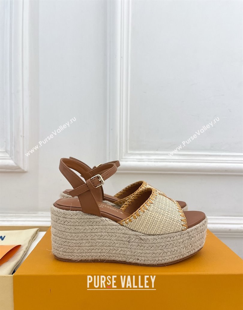Louis Vuitton Starboard Wedge Platform Sandals 8cm in LV Raffia and Leather Brown 2025 (MD-250609018)