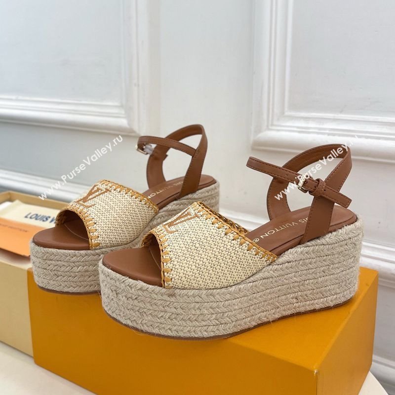 Louis Vuitton Starboard Wedge Platform Sandals 8cm in LV Raffia and Leather Brown 2025 (MD-250609018)