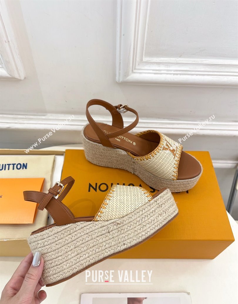 Louis Vuitton Starboard Wedge Platform Sandals 8cm in LV Raffia and Leather Brown 2025 (MD-250609018)