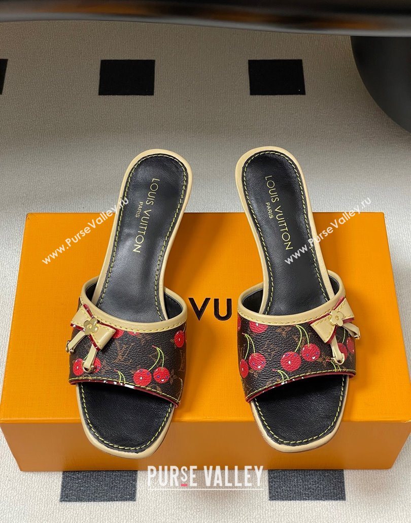 Louis Vuitton LV x TM Heel Slides Sandal 3cm in Leather with Luscious Cherry with Bow Black 2025 (MD-250607018)