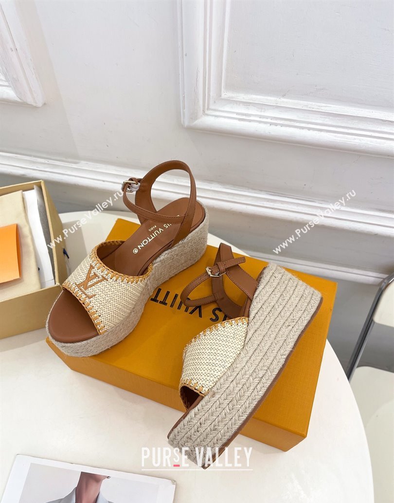Louis Vuitton Starboard Wedge Platform Sandals 8cm in LV Raffia and Leather Brown 2025 (MD-250609018)